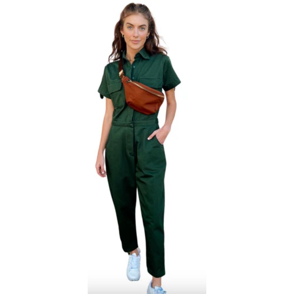 Green Jumpsuit with Brown Accents